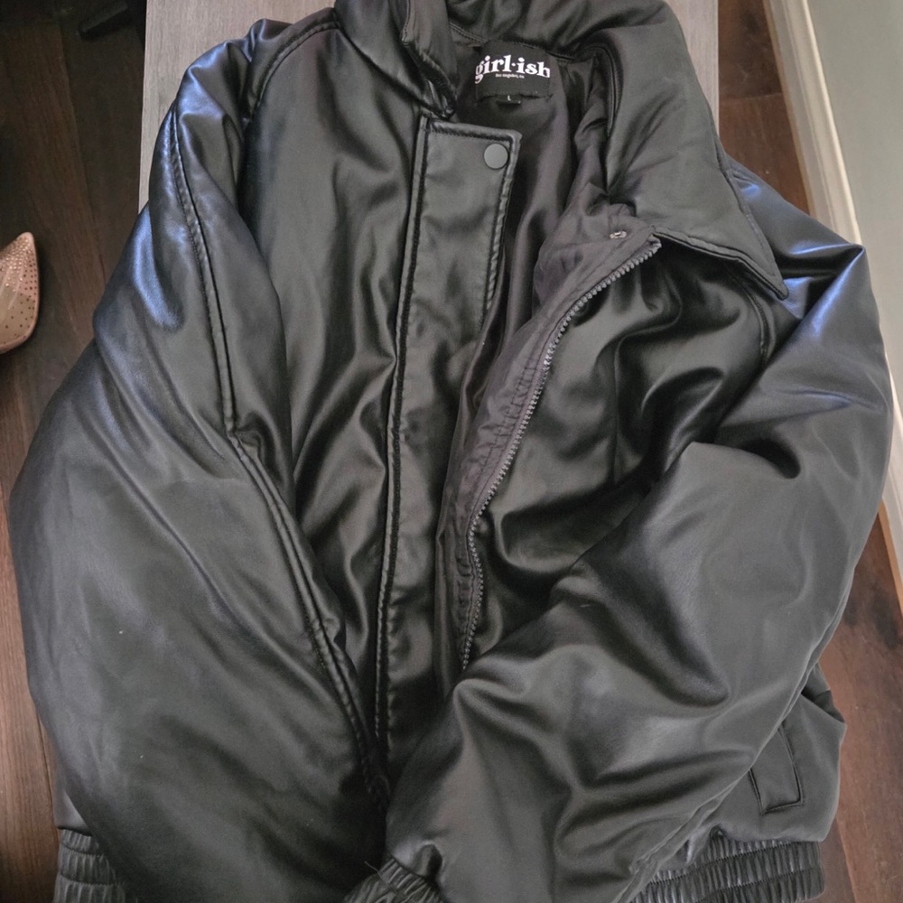 Black Bomber Leather Jacket/